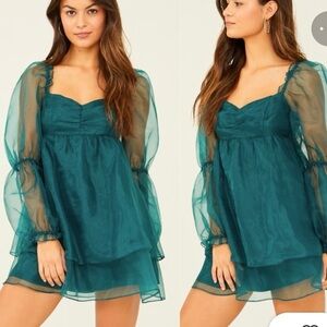 Altar’d State Luretta Dress Teal Green Organza Babydoll Mini NWT M (6/8) Party